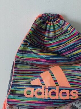 Adidas Neon Coral Logo Multicolor Striped Drawstring Bag